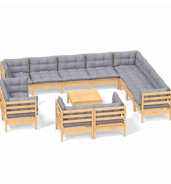 13-tlg. Garten-Lounge-Set mit Grauen Kissen Massivholz Kiefer