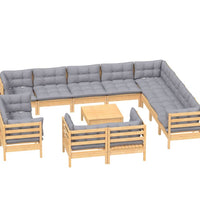 13-tlg. Garten-Lounge-Set mit Grauen Kissen Massivholz Kiefer