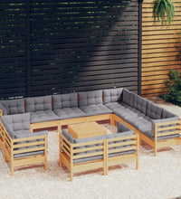 13-tlg. Garten-Lounge-Set mit Grauen Kissen Massivholz Kiefer