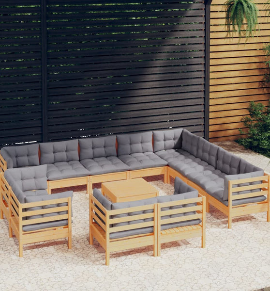 13-tlg. Garten-Lounge-Set mit Grauen Kissen Massivholz Kiefer