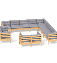 13-tlg. Garten-Lounge-Set mit Grauen Kissen Massivholz Kiefer