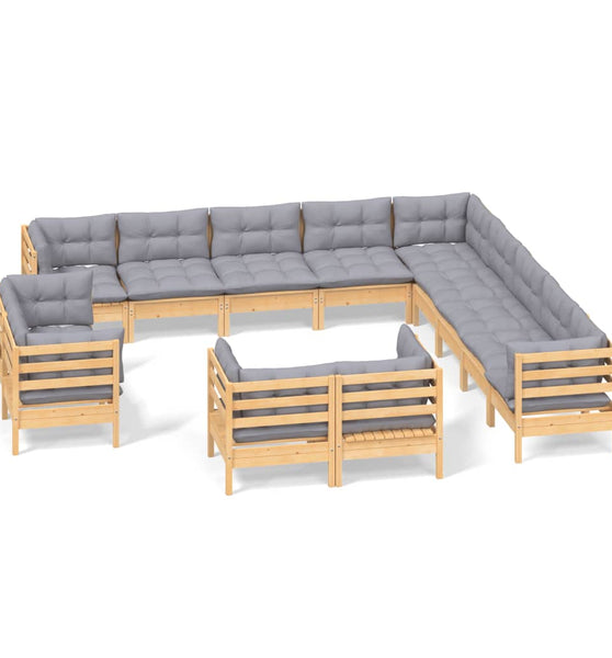 13-tlg. Garten-Lounge-Set mit Grauen Kissen Massivholz Kiefer