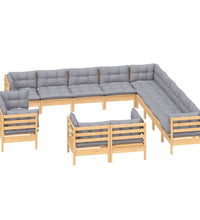13-tlg. Garten-Lounge-Set mit Grauen Kissen Massivholz Kiefer
