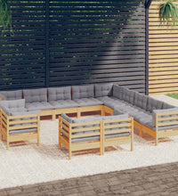 13-tlg. Garten-Lounge-Set mit Grauen Kissen Massivholz Kiefer
