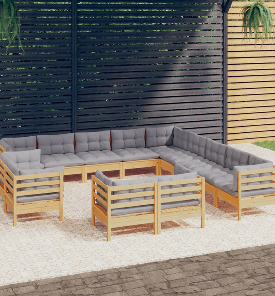 13-tlg. Garten-Lounge-Set mit Grauen Kissen Massivholz Kiefer