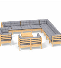 14-tlg. Garten-Lounge-Set mit Grauen Kissen Massivholz Kiefer