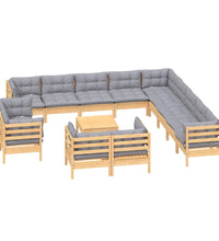 14-tlg. Garten-Lounge-Set mit Grauen Kissen Massivholz Kiefer