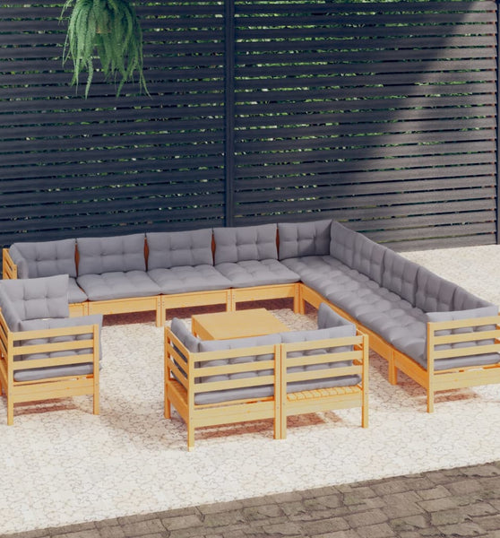 14-tlg. Garten-Lounge-Set mit Grauen Kissen Massivholz Kiefer