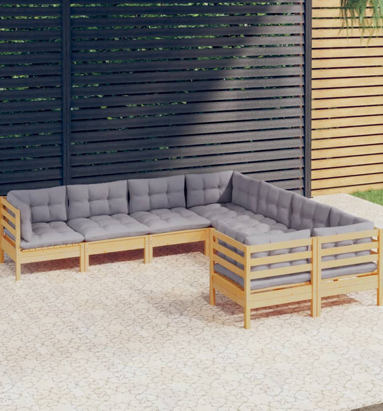 8-tlg. Garten-Lounge-Set mit Grauen Kissen Massivholz Kiefer