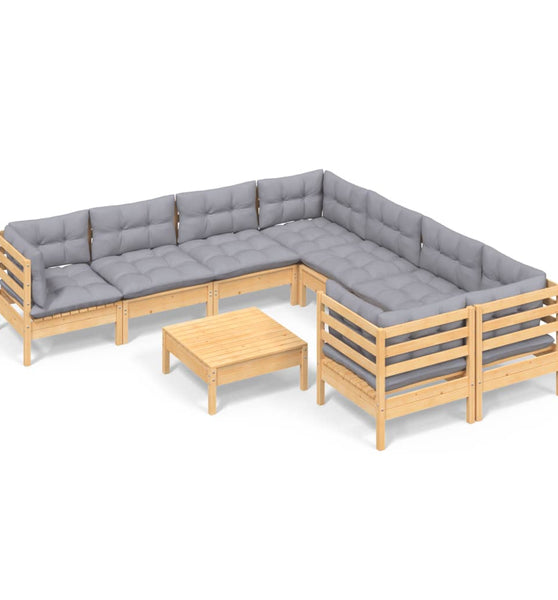 9-tlg. Garten-Lounge-Set mit Grauen Kissen Kiefernholz