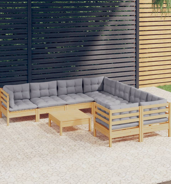 9-tlg. Garten-Lounge-Set mit Grauen Kissen Kiefernholz