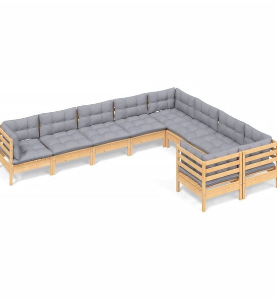 9-tlg. Garten-Lounge-Set mit Grauen Kissen Kiefernholz
