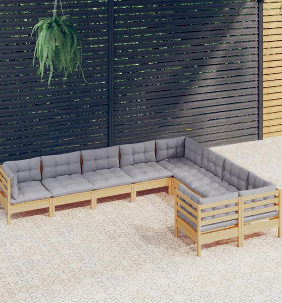 9-tlg. Garten-Lounge-Set mit Grauen Kissen Kiefernholz