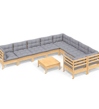 10-tlg. Garten-Lounge-Set mit Grauen Kissen Kiefernholz