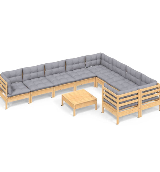 10-tlg. Garten-Lounge-Set mit Grauen Kissen Kiefernholz