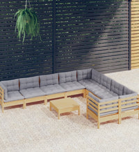 10-tlg. Garten-Lounge-Set mit Grauen Kissen Kiefernholz