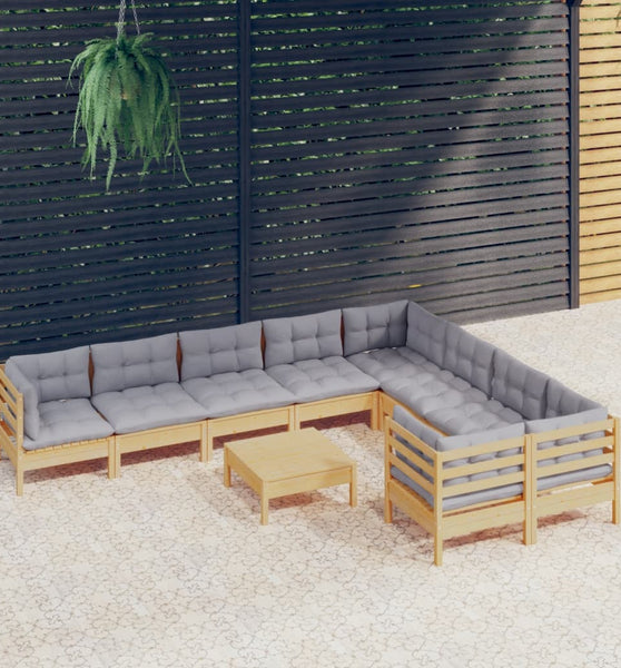 10-tlg. Garten-Lounge-Set mit Grauen Kissen Kiefernholz