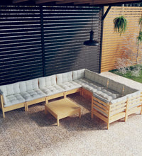 10-tlg. Garten-Lounge-Set mit Creme Kissen Kiefernholz