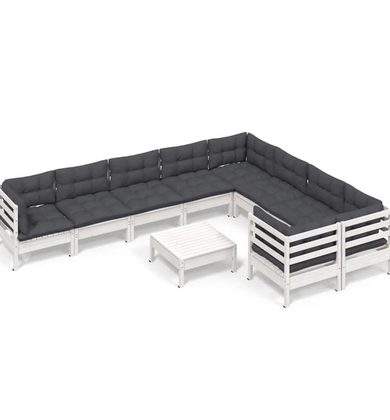 10-tlg. Garten-Lounge-Set mit Kissen Weiß Kiefernholz