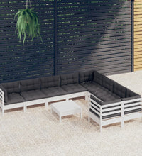 10-tlg. Garten-Lounge-Set mit Kissen Weiß Kiefernholz