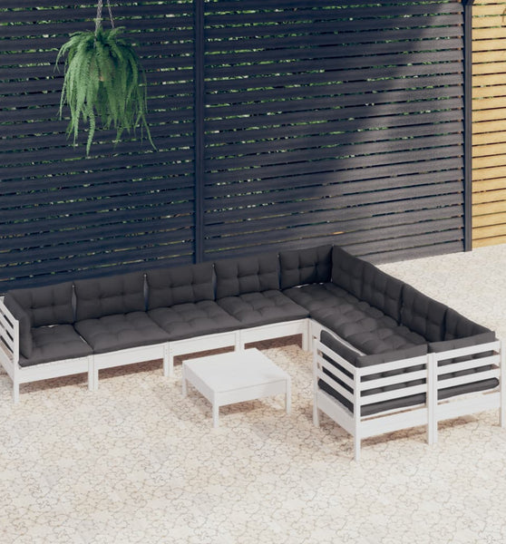 10-tlg. Garten-Lounge-Set mit Kissen Weiß Kiefernholz