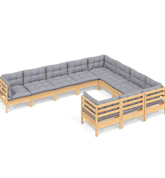 10-tlg. Garten-Lounge-Set mit Grauen Kissen Kiefernholz