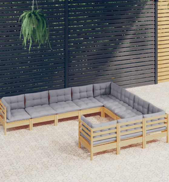 10-tlg. Garten-Lounge-Set mit Grauen Kissen Kiefernholz
