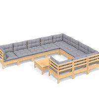 11-tlg. Garten-Lounge-Set mit Grauen Kissen Kiefernholz