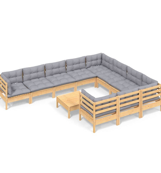 11-tlg. Garten-Lounge-Set mit Grauen Kissen Kiefernholz
