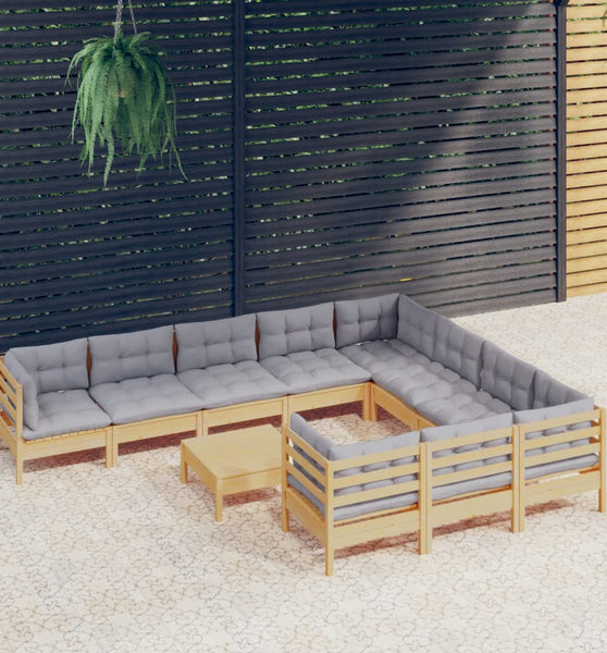 11-tlg. Garten-Lounge-Set mit Grauen Kissen Kiefernholz