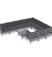 11-tlg. Garten-Lounge-Set mit Kissen Grau Kiefernholz