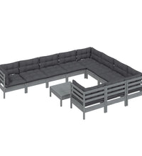 11-tlg. Garten-Lounge-Set mit Kissen Grau Kiefernholz