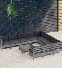 11-tlg. Garten-Lounge-Set mit Kissen Grau Kiefernholz