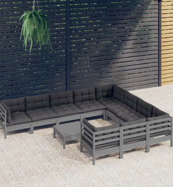 11-tlg. Garten-Lounge-Set mit Kissen Grau Kiefernholz