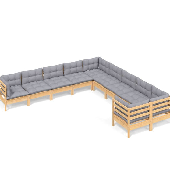 10-tlg. Garten-Lounge-Set mit Grauen Kissen Kiefernholz