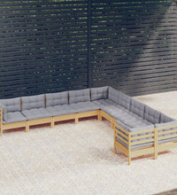 10-tlg. Garten-Lounge-Set mit Grauen Kissen Kiefernholz