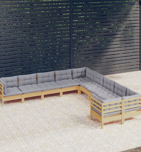 10-tlg. Garten-Lounge-Set mit Grauen Kissen Kiefernholz