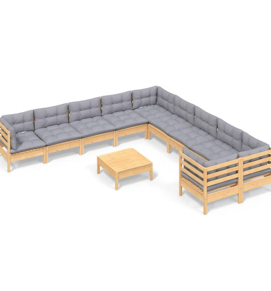 11-tlg. Garten-Lounge-Set mit Grauen Kissen Kiefernholz