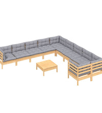 11-tlg. Garten-Lounge-Set mit Grauen Kissen Kiefernholz