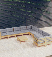 11-tlg. Garten-Lounge-Set mit Grauen Kissen Kiefernholz