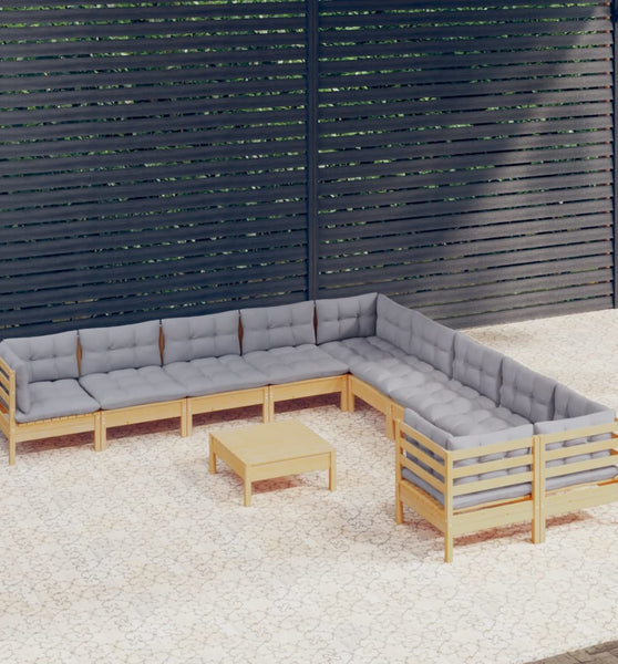 11-tlg. Garten-Lounge-Set mit Grauen Kissen Kiefernholz