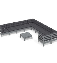11-tlg. Garten-Lounge-Set mit Kissen Grau Kiefernholz