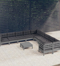 11-tlg. Garten-Lounge-Set mit Kissen Grau Kiefernholz