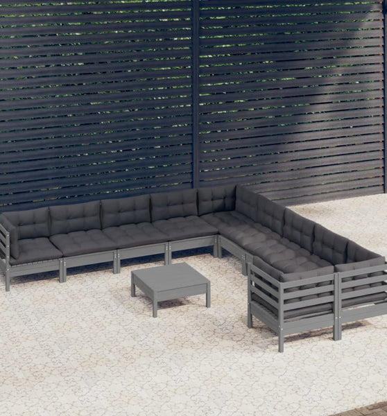 11-tlg. Garten-Lounge-Set mit Kissen Grau Kiefernholz