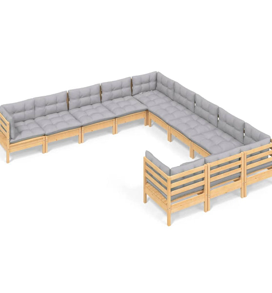 11-tlg. Garten-Lounge-Set mit Grauen Kissen Kiefernholz
