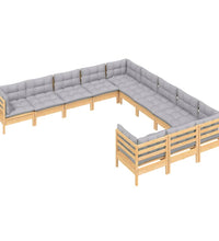 11-tlg. Garten-Lounge-Set mit Grauen Kissen Kiefernholz