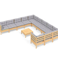 12-tlg. Garten-Lounge-Set mit Grauen Kissen Kiefernholz
