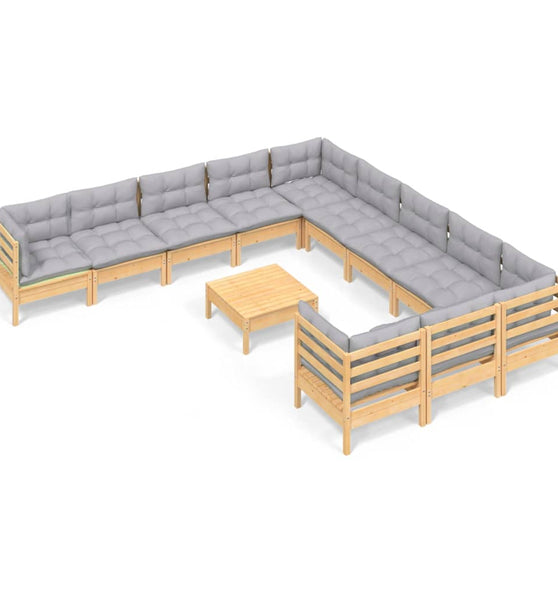 12-tlg. Garten-Lounge-Set mit Grauen Kissen Kiefernholz