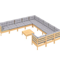 12-tlg. Garten-Lounge-Set mit Grauen Kissen Kiefernholz