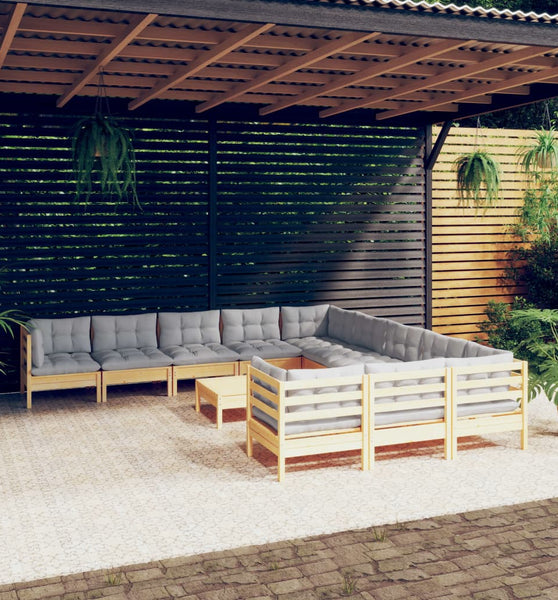 12-tlg. Garten-Lounge-Set mit Grauen Kissen Kiefernholz